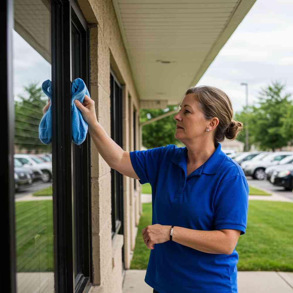 Women washing window of office building - commercial cleaning services in melissa tx