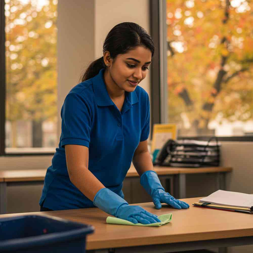 Office cleaning employee wiping desk - janitorial cleaning services in anna tx