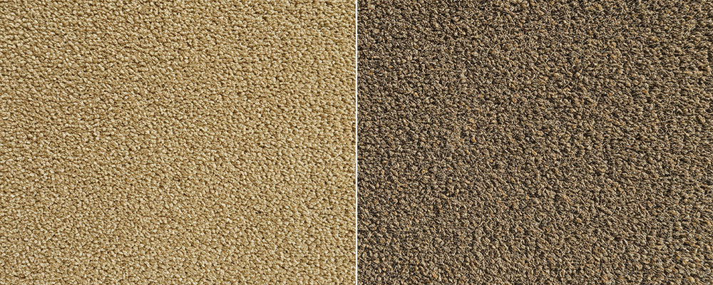 Side by side comparison of clean carpet and dirty, worn carpet demonstrating the effectiveness of carpet cleaning tips
